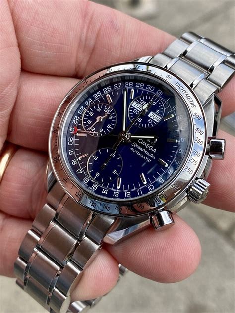 omega speedmaster triple date blue dial|Omega Speedmaster moonwatch 38mm.